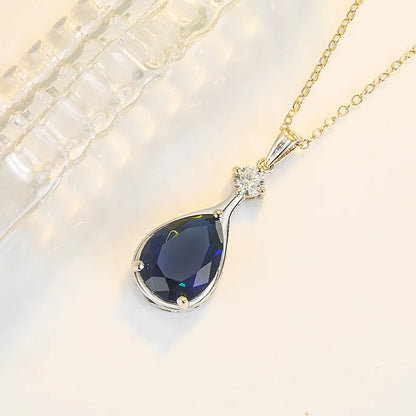 Luxury Necklace for Women, 925 Sterling Silver Jewelry Accessories, Waterdrop Shape Sapphire Zircon Gemstone Pendant, Wedding Party Gift