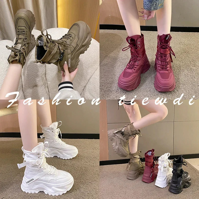 Botas De moto con plataforma gruesa para Mujer, zapatos blancos con cordones y parte inferior gruesa, botines De Mujer para Otoño e Invierno