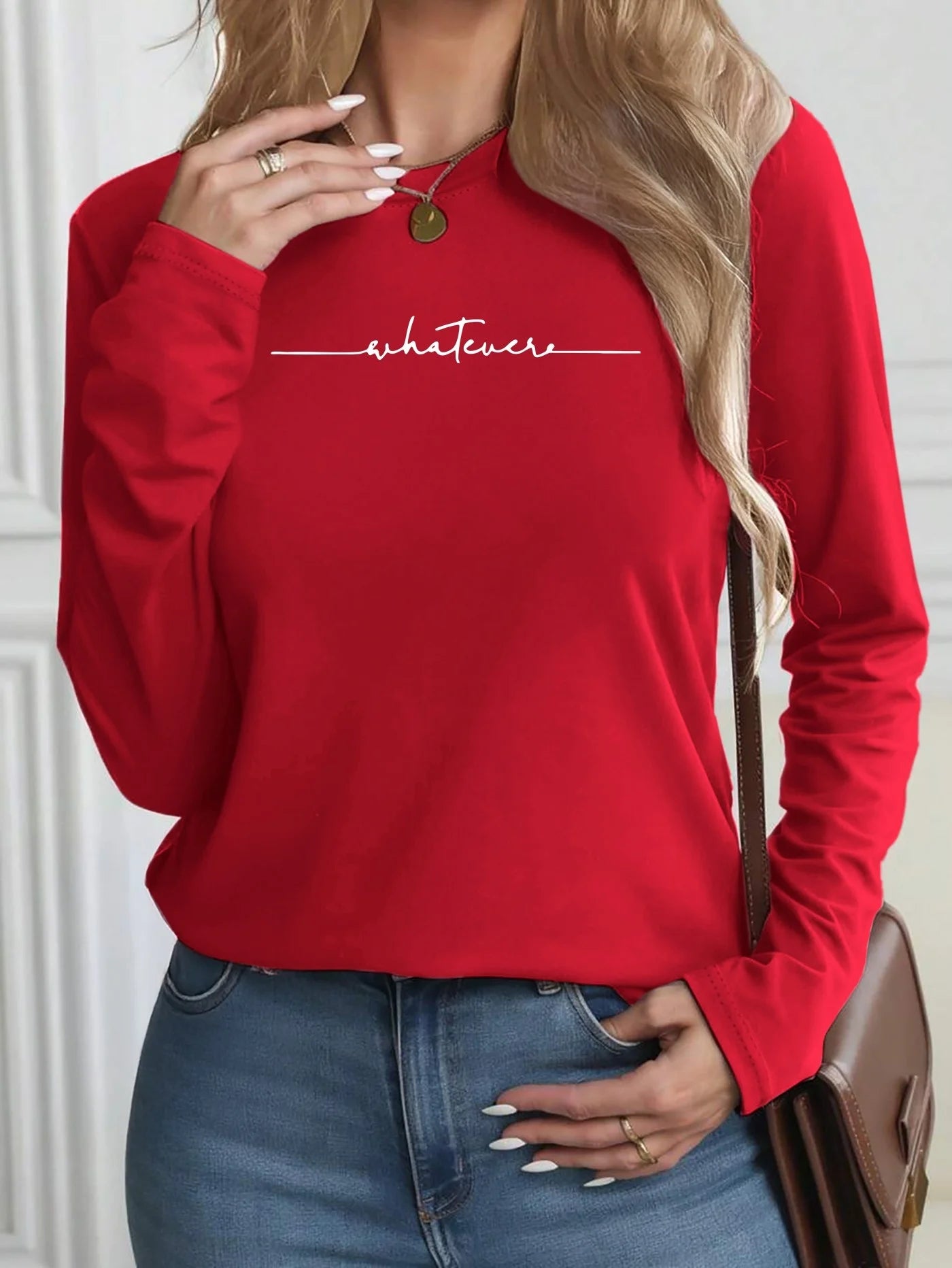 Camiseta holgada informal de algodón 100% para primavera y otoño para mujer, camiseta de manga larga con cuello redondo y estampado.