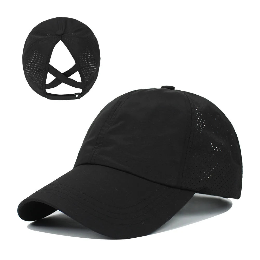 Gorra de béisbol de Color liso para mujer, sombrero de cola de caballo cruzada, malla de secado rápido, visera, Verano