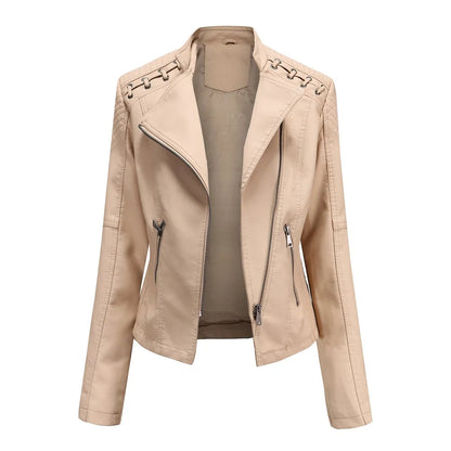 Chaqueta de cuero sintético para mujer, abrigo corto ajustado con cuello levantado y cremallera, ropa de calle para motorista, novedad de primavera y otoño.