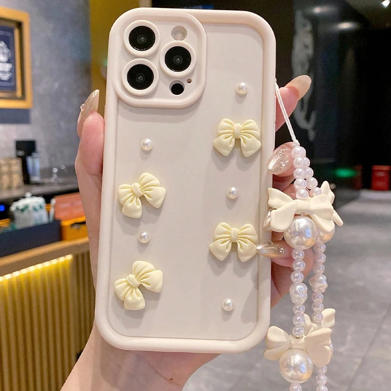 Funda de teléfono de silicona con lazo 3D coreano para iPhone 16 17 Pro 15 14 13 12 11 Pro Max 16E 7 8 Plus con funda suave con cordón