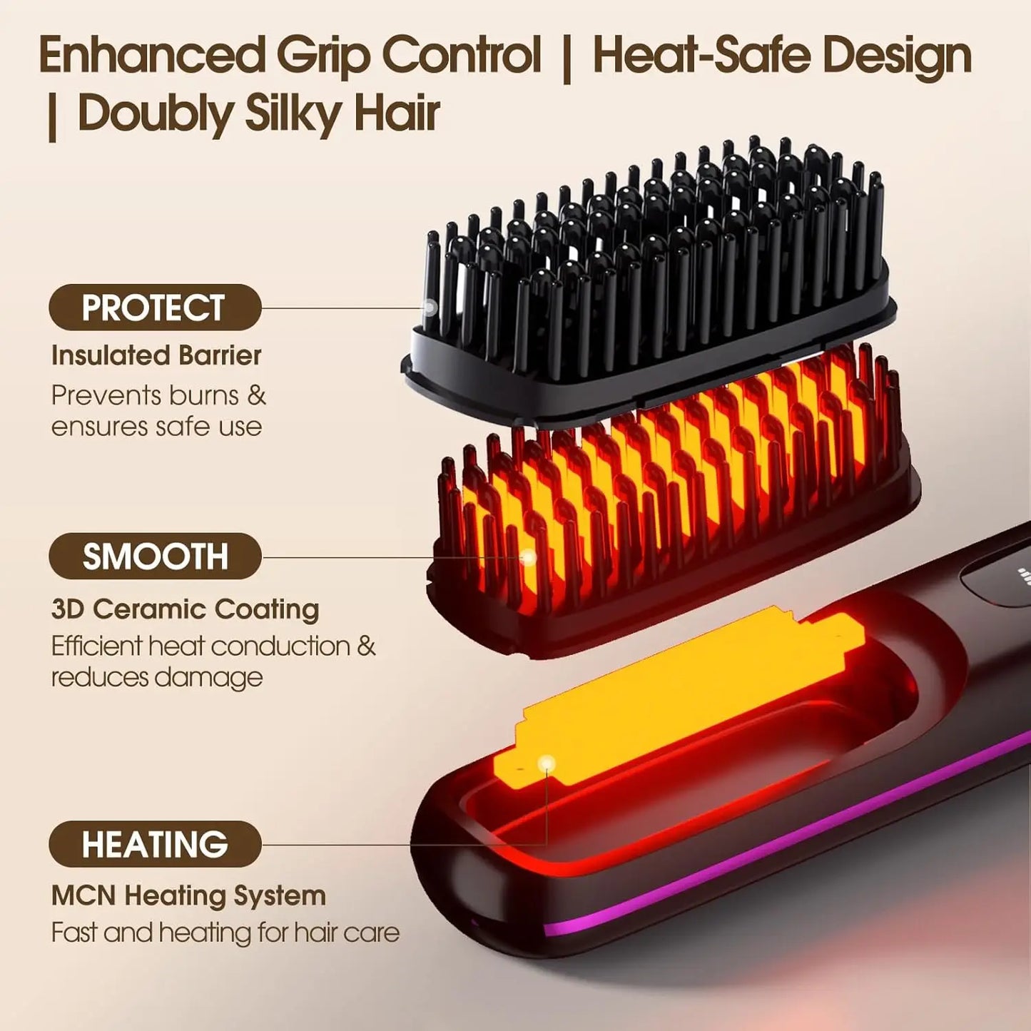 Cepillo alisador de pelo con pantalla LCD, alisador de carga USB inalámbrico, Mini cepillo alisador portátil para viajes en casa