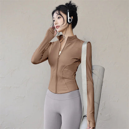 Chaqueta deportiva con cremallera para mujer, Top ajustado de manga larga para correr y Fitness, abrigo liso de secado rápido para Yoga, ropa informal sencilla