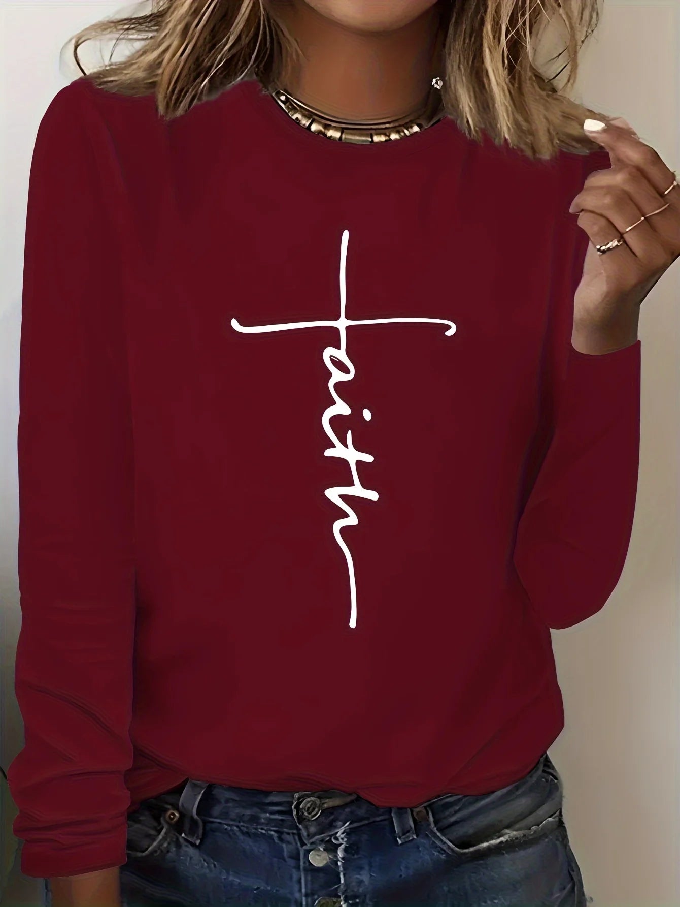 Camiseta holgada informal de algodón 100% para primavera y otoño para mujer, camiseta de manga larga con cuello redondo y estampado.