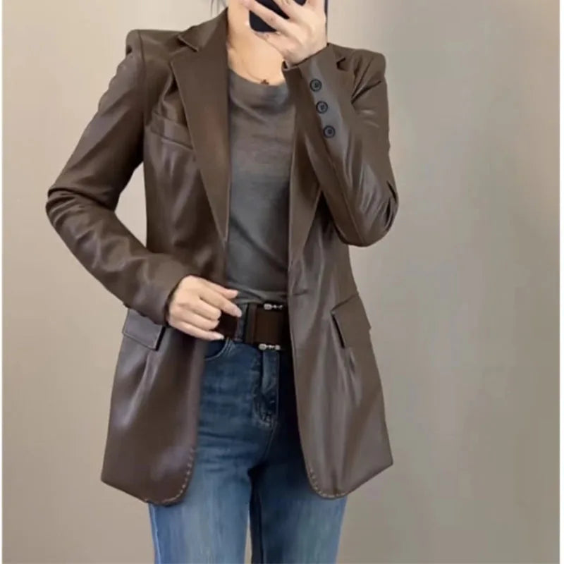 Chaqueta de cuero negro de gama alta para mujer, chaqueta de traje de cuero PU ajustada a la moda para primavera y otoño, ropa de motocicleta 2026