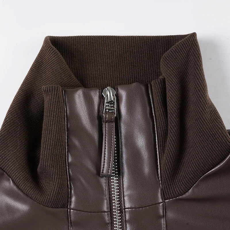 Chaqueta de cuero Pu estilo Safari con bolsillos ajustados, abrigos de manga larga con cremallera y cuello alto para mujer, ropa de calle Y2K para Otoño e Invierno 2025