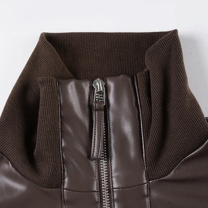 Chaqueta de cuero Pu estilo Safari con bolsillos ajustados, abrigos de manga larga con cremallera y cuello alto para mujer, ropa de calle Y2K para Otoño e Invierno 2025