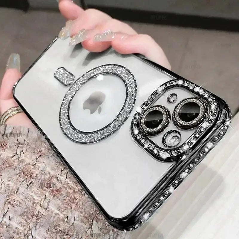 Luxury Bling Crystal Lens Film Case for iPhone 15 16 11 12 13 14 Pro Max 16 Plus Magsafe Magnetic Wireless Charging Clear Cover