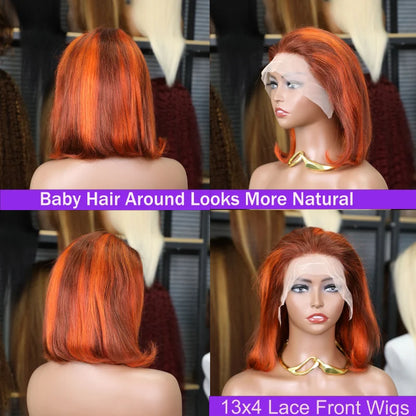 Peluca Bob con Frente de Encaje Recto 13x4, 100% Cabello Humano, Color Naranja Jengibre Sedoso, 200% de Densidad, con Reflejos Naranja P4-350, Pre-Desplumada
