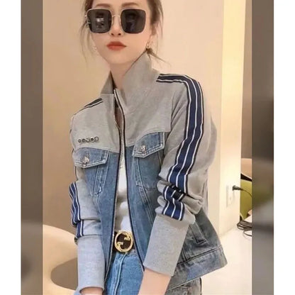 Otoño mujer cuello alto cremallera Denim abrigo coreano señoras Patchwork vaquero prendas de vestir 2025 mujer chaqueta vaquera de manga larga
