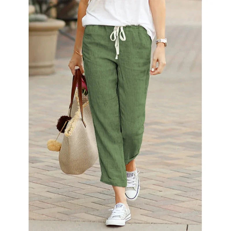 Pantalones informales de lino y algodón para mujer, pantalones hasta el tobillo elásticos de cintura alta de Color sólido para primavera y verano, pantalones Harem con bolsillos para mujer