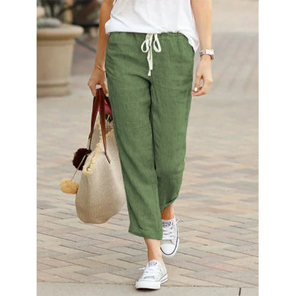 Pantalones informales de lino y algodón para mujer, pantalones hasta el tobillo elásticos de cintura alta de Color sólido para primavera y verano, pantalones Harem con bolsillos para mujer