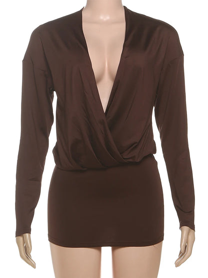 Sisterlinda-minivestido elegante con escote en V profundo para mujer, minivestido ajustado de manga larga con melocotón y cadera para fiesta de Club de medianoche, moda Sexy, ceñido liso