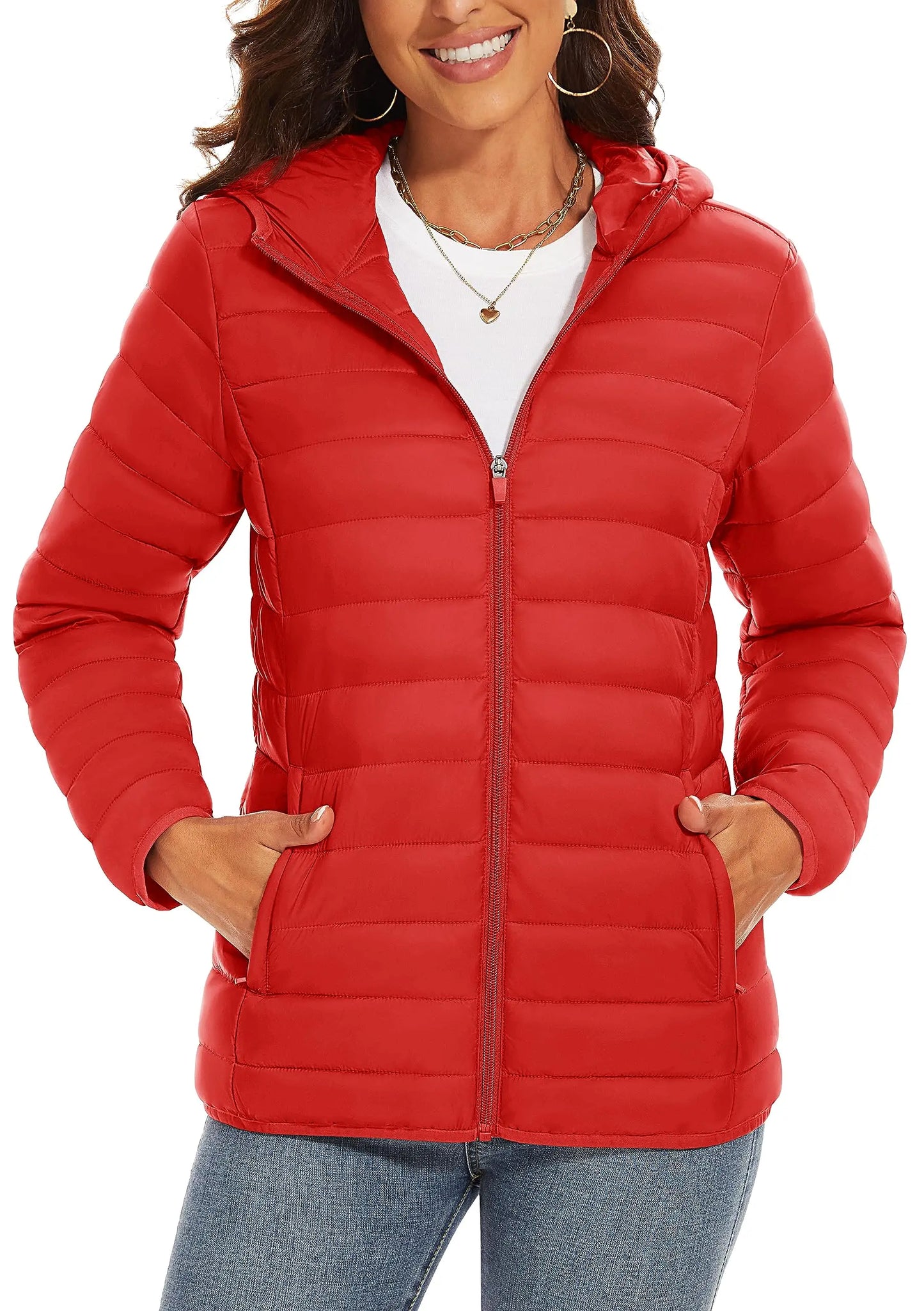 TACVASEN Chaqueta acolchada con capucha y cremallera completa para mujer, abrigos cálidos acolchados de invierno, cortavientos informal, prendas de vestir ligeras acolchadas para exteriores
