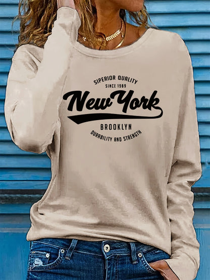 Women's 100% Pure Cotton T-Shirt, Loose and Comfortable NEW YORK Letter Print Long Sleeve Round Neck Top, Spring and Autumn