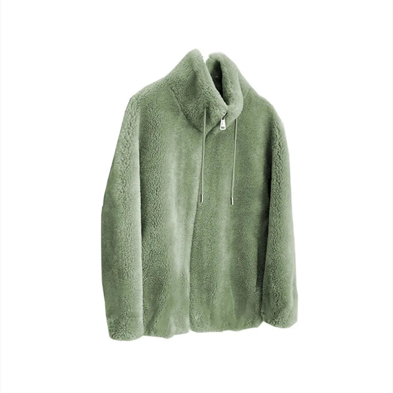 Abrigo cálido de lana Coral doble para mujer, abrigo grueso de felpa con cuello levantado, ropa informal de manga larga con cremallera a la moda para mujer