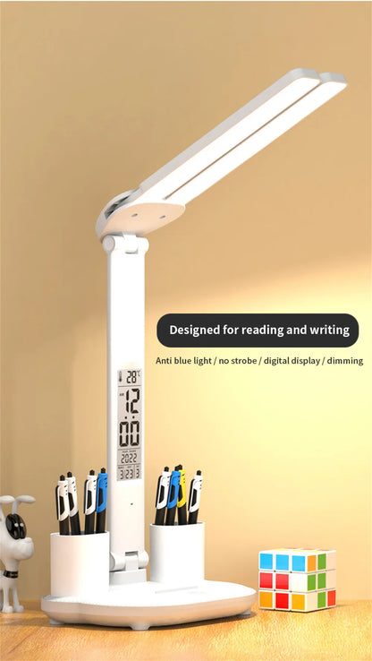 Lámpara de escritorio LED, lámpara de mesa plegable táctil regulable por USB con calendario, reloj de temperatura, luz nocturna para estudio, lámpara de lectura