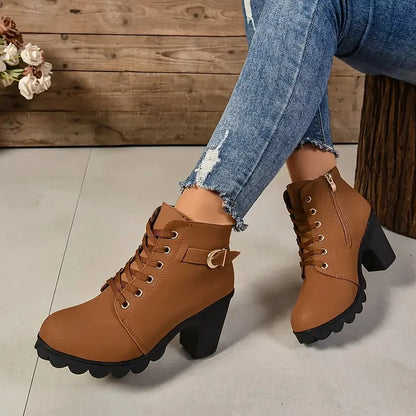 Botas antideslizantes con cordones para Mujer, zapatos De tacón alto, moda al aire libre, alta calidad, Otoño e Invierno