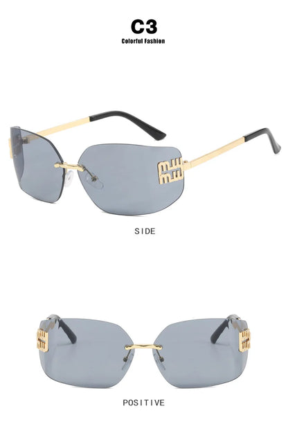 Gafas sin montura de lujo de Metal Funky para mujer, gafas clásicas con remaches de diseñador de marca, gafas de curvas con gradiente rectangular para mujer