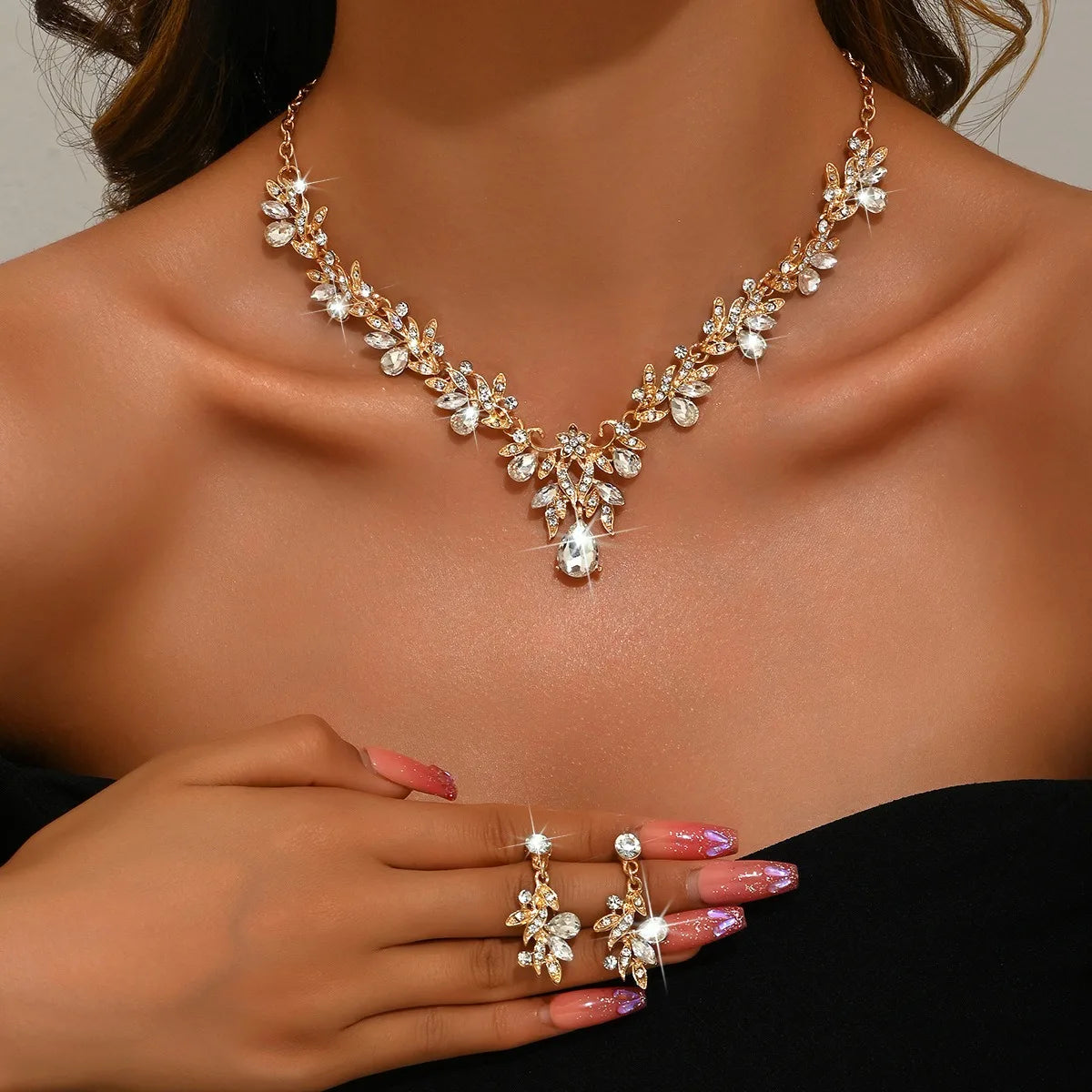 3 uds nuevos conjuntos de Collar de moda para mujer Collar de gota de agua gargantilla Collar pendiente conjunto de joyería para graduación cumpleaños boda nupcial