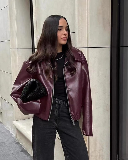Autumn Winter Retro Leather Jacket 2026 New Women's PU Leather Jacket Short Lapel Motorcycle Loose Coat Women's Biker Leather Coat
