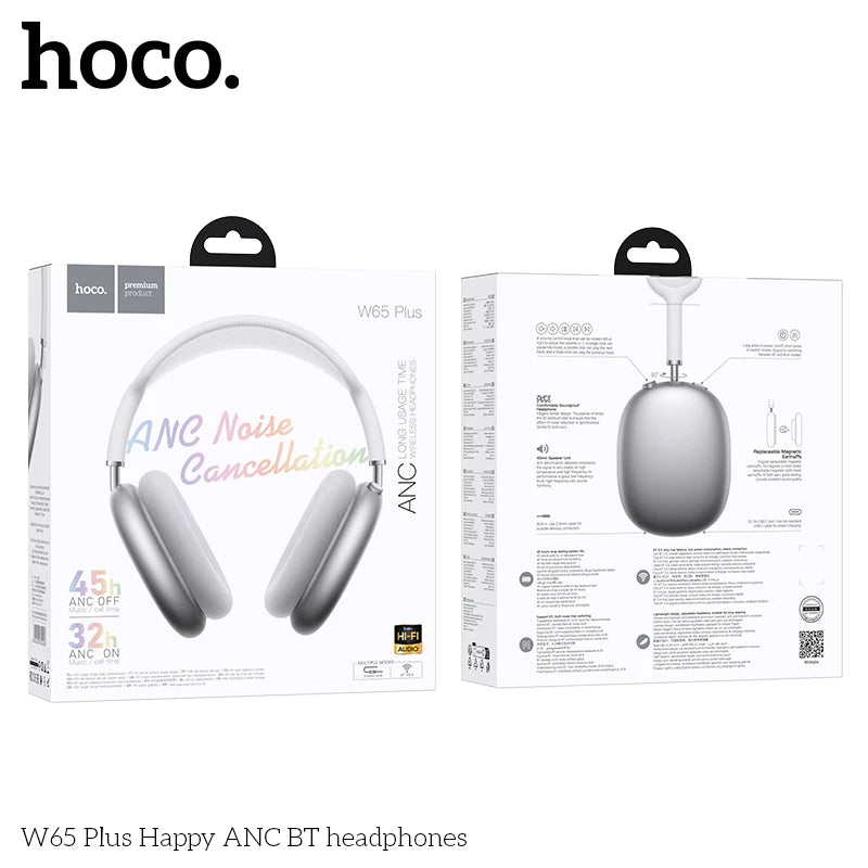 HOCO W65 Plus ANC auriculares Bluetooth con reducción de ruido sobre la oreja auriculares inalámbricos grandes sonidos de alta fidelidad auriculares deportivos con botón