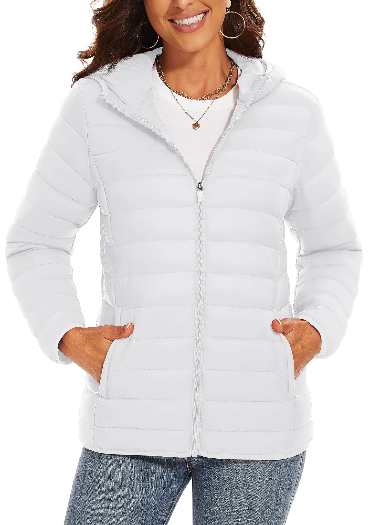 TACVASEN Chaqueta acolchada con capucha y cremallera completa para mujer, abrigos cálidos acolchados de invierno, cortavientos informal, prendas de vestir ligeras acolchadas para exteriores