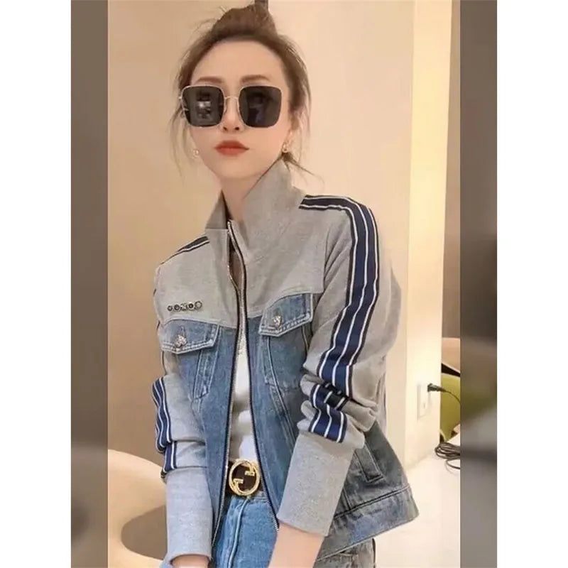Otoño mujer cuello alto cremallera Denim abrigo coreano señoras Patchwork vaquero prendas de vestir 2025 mujer chaqueta vaquera de manga larga