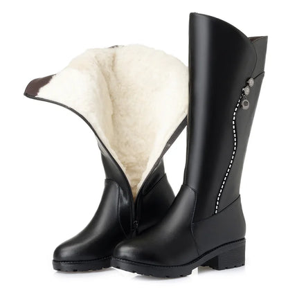 WOIZGIC, botas de piel auténtica para mujer, plataforma de lana para nieve, piel de felpa, cálido invierno, tacón medio con cremallera de talla grande 42 43