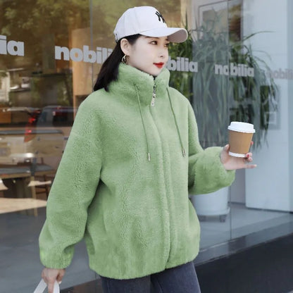 Abrigo cálido de lana Coral doble para mujer, abrigo grueso de felpa con cuello levantado, ropa informal de manga larga con cremallera a la moda para mujer
