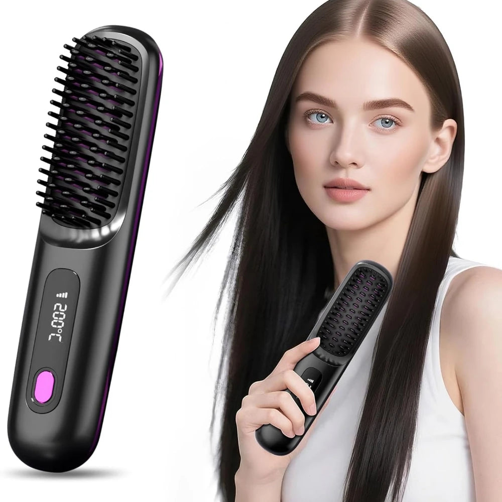 Cepillo alisador de pelo con pantalla LCD, alisador de carga USB inalámbrico, Mini cepillo alisador portátil para viajes en casa