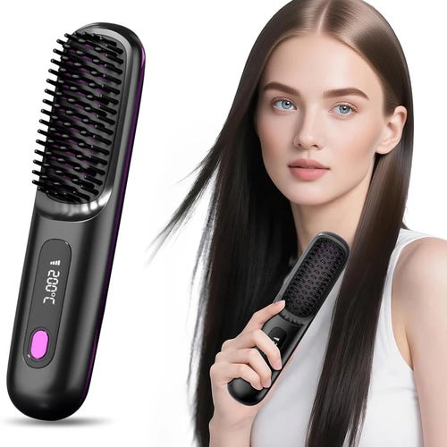 Cepillo alisador de pelo con pantalla LCD, alisador de carga USB inalámbrico, Mini cepillo alisador portátil para viajes en casa