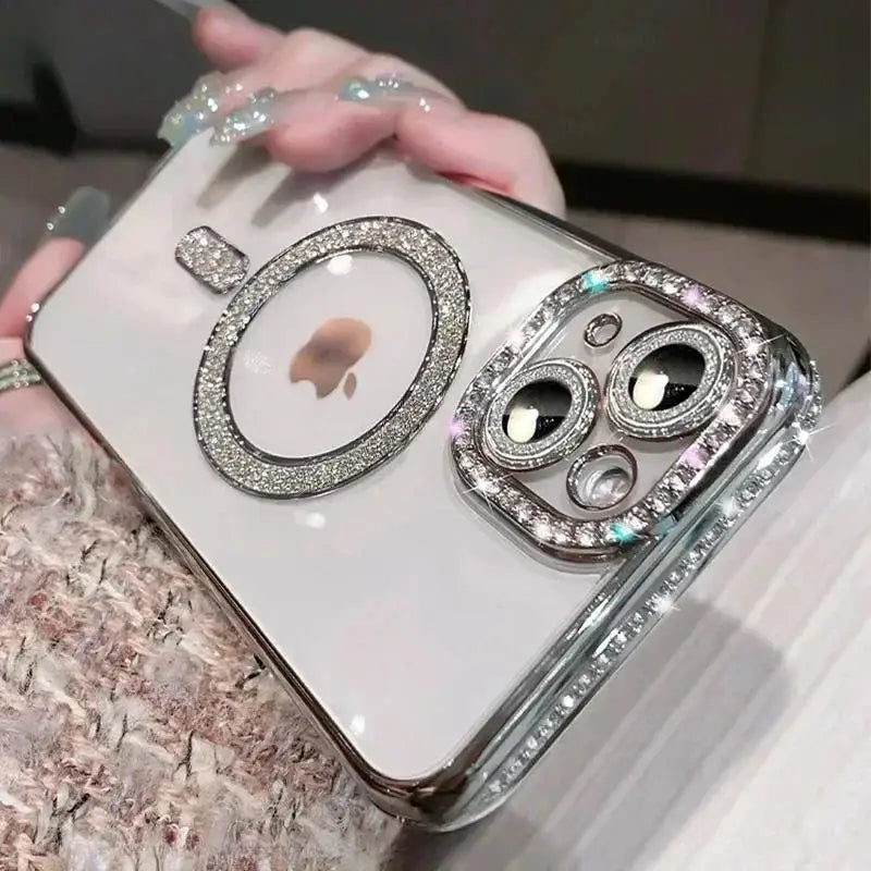 Luxury Bling Crystal Lens Film Case for iPhone 15 16 11 12 13 14 Pro Max 16 Plus Magsafe Magnetic Wireless Charging Clear Cover