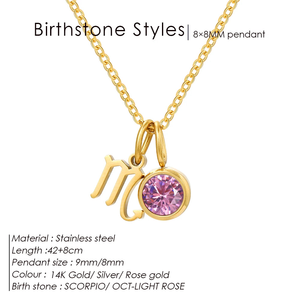 EManco - Birthstone Constellation Double Pendant Necklace, 12 Zircon Stainless Steel Jewelry, DIY Necklace.