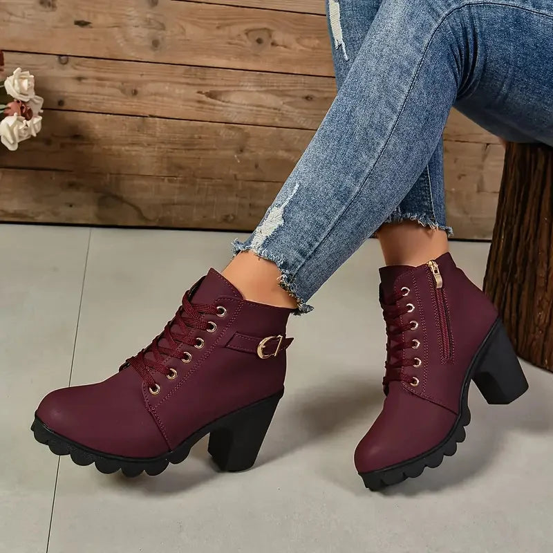 Botas antideslizantes con cordones para Mujer, zapatos De tacón alto, moda al aire libre, alta calidad, Otoño e Invierno
