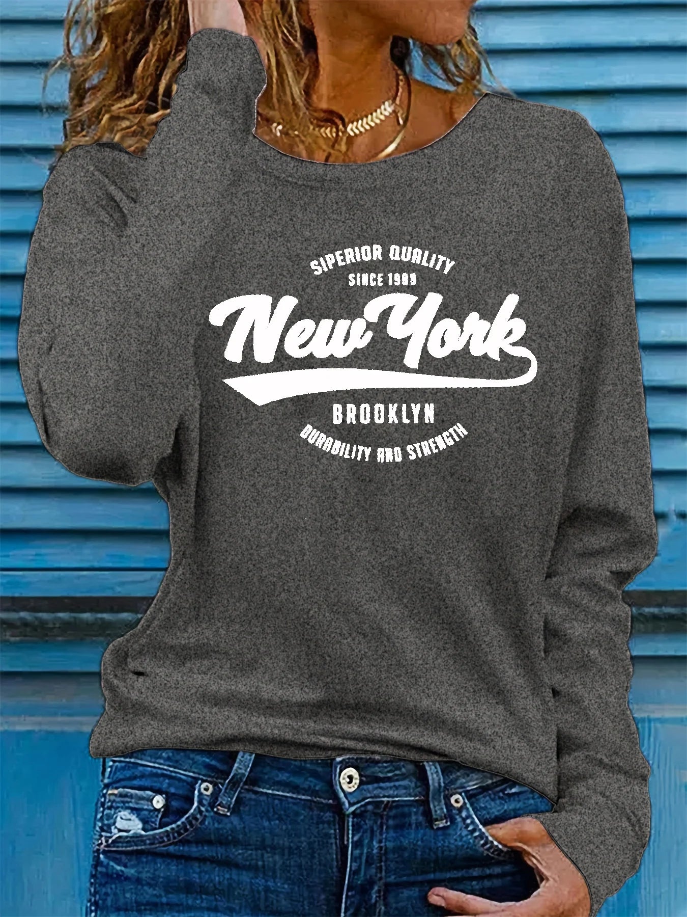 Women's 100% Pure Cotton T-Shirt, Loose and Comfortable NEW YORK Letter Print Long Sleeve Round Neck Top, Spring and Autumn