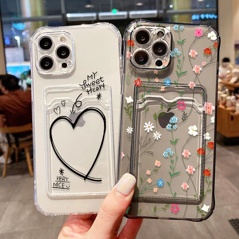 Soft Card Holder Phone Case for iPhone 13, 11, 16e, 15, 12, 14, 17, 16 Pro Max, 7 Plus, XR SE, Clear Aesthetic Flower Cover