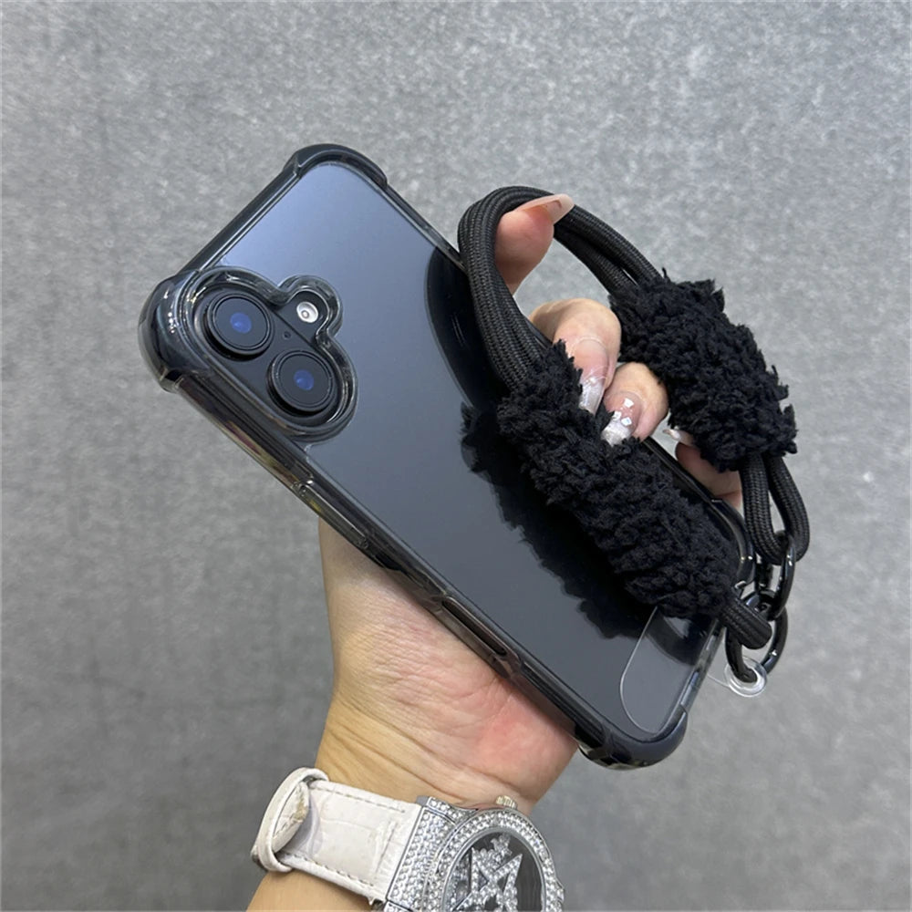 Armadura de parachoques híbrida transparente con correa para la muñeca para iPhone 15 11 12 13 14 16 Pro Max Plus X XS XR cubierta de bolsa de aire a prueba de golpes.