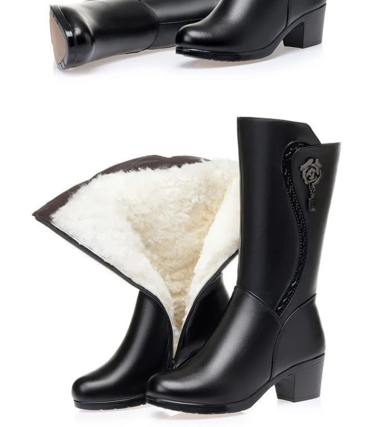 Botas de invierno para Mujer, Botas de nieve cálidas de felpa, Botas de tacón alto a media pantorrilla a la moda para Mujer, Botas de cuero de alta calidad para Mujer