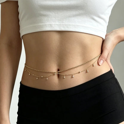 Cadena de Cintura de Doble Capa con Pedrería para Mujer, Diseño Elegante para Vacaciones en la Playa y Fiestas