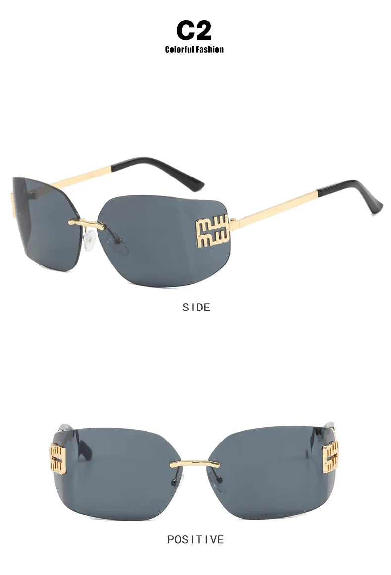 Gafas sin montura de lujo de Metal Funky para mujer, gafas clásicas con remaches de diseñador de marca, gafas de curvas con gradiente rectangular para mujer