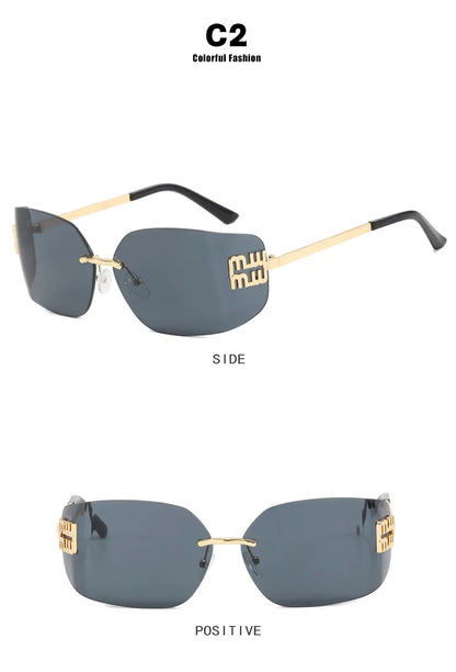 Gafas sin montura de lujo de Metal Funky para mujer, gafas clásicas con remaches de diseñador de marca, gafas de curvas con gradiente rectangular para mujer
