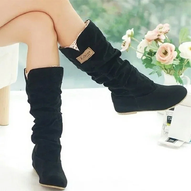 Botas de nieve de tubo medio para mujer, zapatos de mujer de talla grande con gancho de hilo de algodón hueco, encaje esmerilado, novedad.
