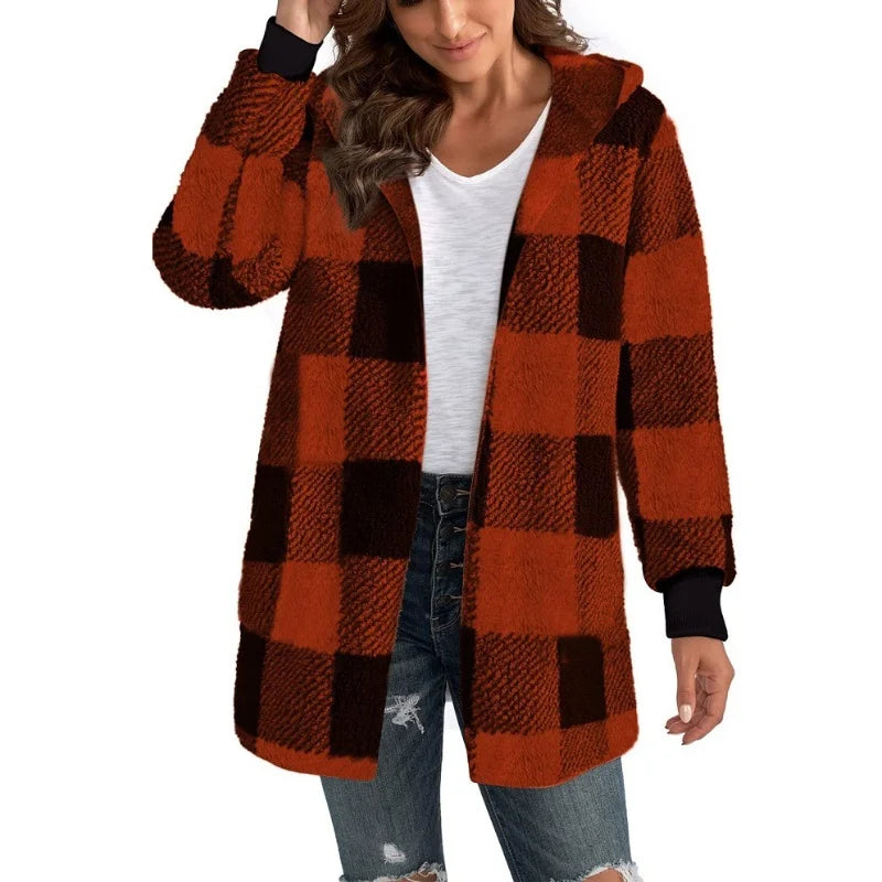 Cárdigan a cuadros de doble lana para mujer, chaqueta suave holgada de manga larga de felpa cálida con capucha, abrigo de retales para mujer, Otoño e Invierno
