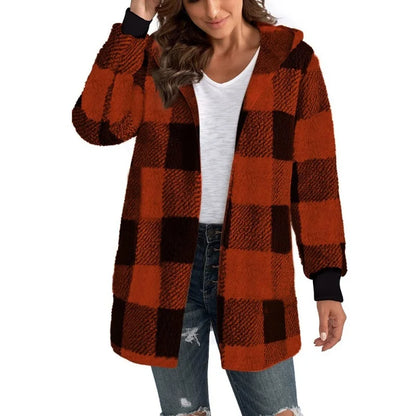 Cárdigan a cuadros de doble lana para mujer, chaqueta suave holgada de manga larga de felpa cálida con capucha, abrigo de retales para mujer, Otoño e Invierno