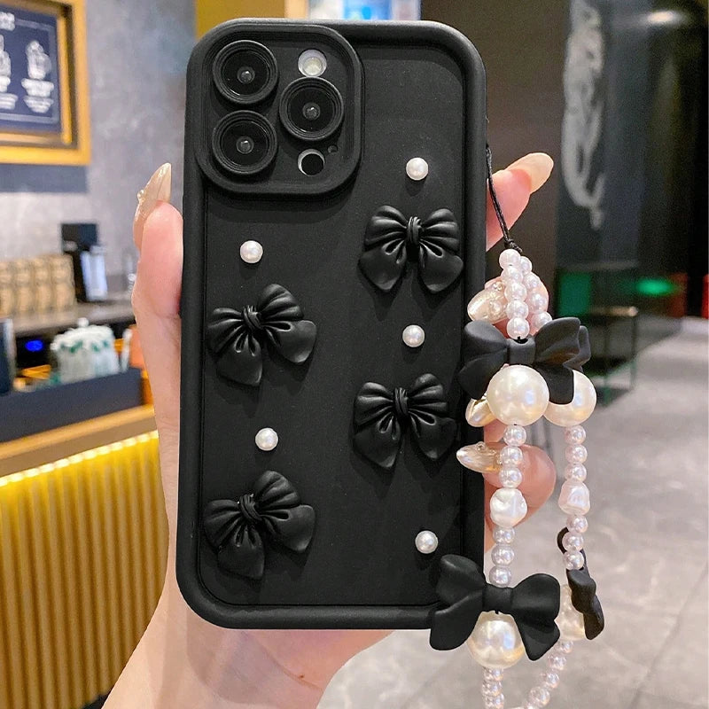 Funda de teléfono de silicona con lazo 3D coreano para iPhone 16 17 Pro 15 14 13 12 11 Pro Max 16E 7 8 Plus con funda suave con cordón