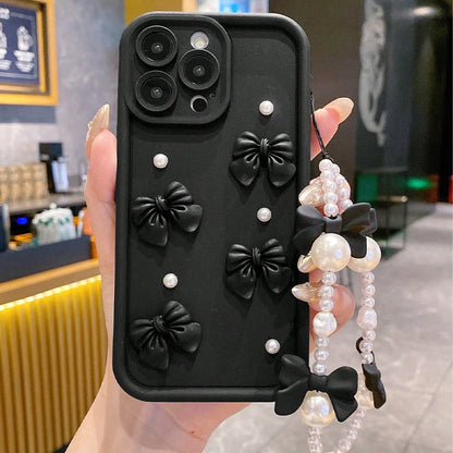 Funda de teléfono de silicona con lazo 3D coreano para iPhone 16 17 Pro 15 14 13 12 11 Pro Max 16E 7 8 Plus con funda suave con cordón