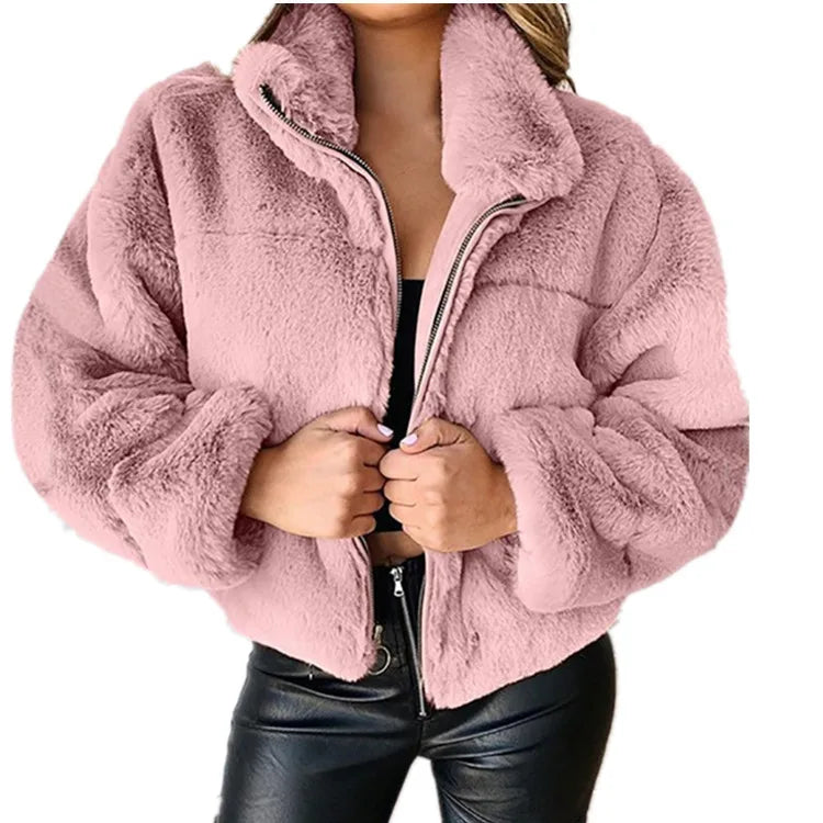 Chaqueta cálida de invierno para mujer, cárdigan con cremallera, piel sintética, moda, manga larga, cuello levantado, abrigo de felpa para mujer
