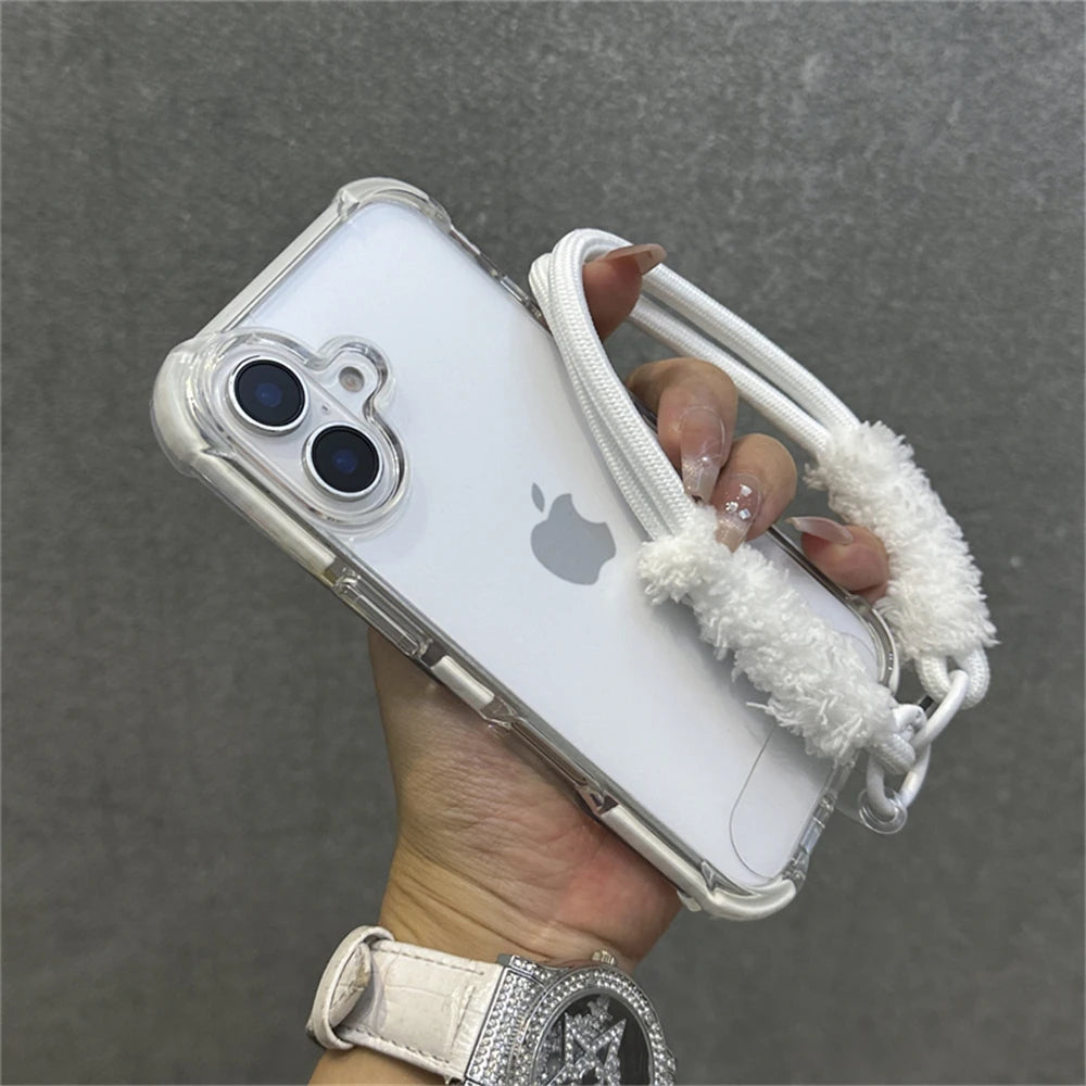 Armadura de parachoques híbrida transparente con correa para la muñeca para iPhone 15 11 12 13 14 16 Pro Max Plus X XS XR cubierta de bolsa de aire a prueba de golpes.